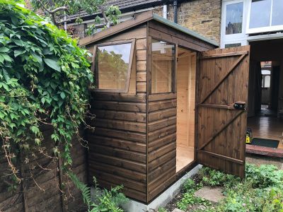 7.6 x 6 pent sturdy garden shed installed in Basingstoke 01